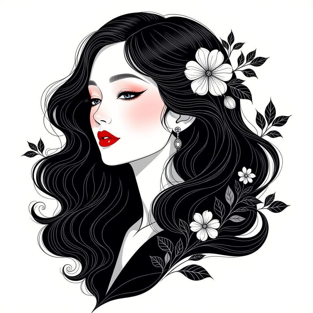 Elegant Continuous-Line Woman with Floral Elements