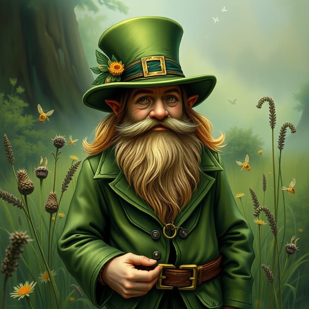 Irish Leprechaun in Lush Meadow, Fantasy Art