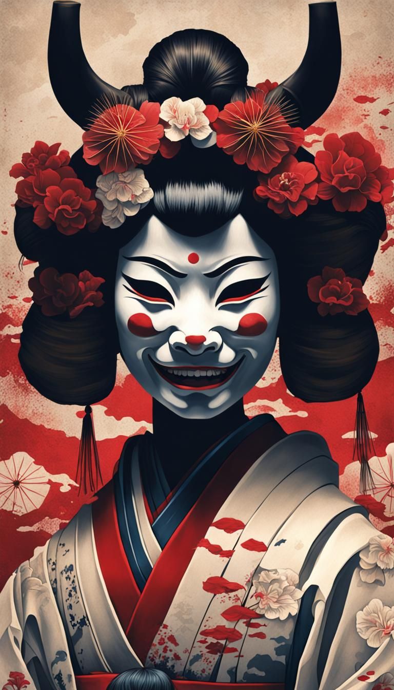Geisha with Oni Mask in Hyperrealistic Splash Art