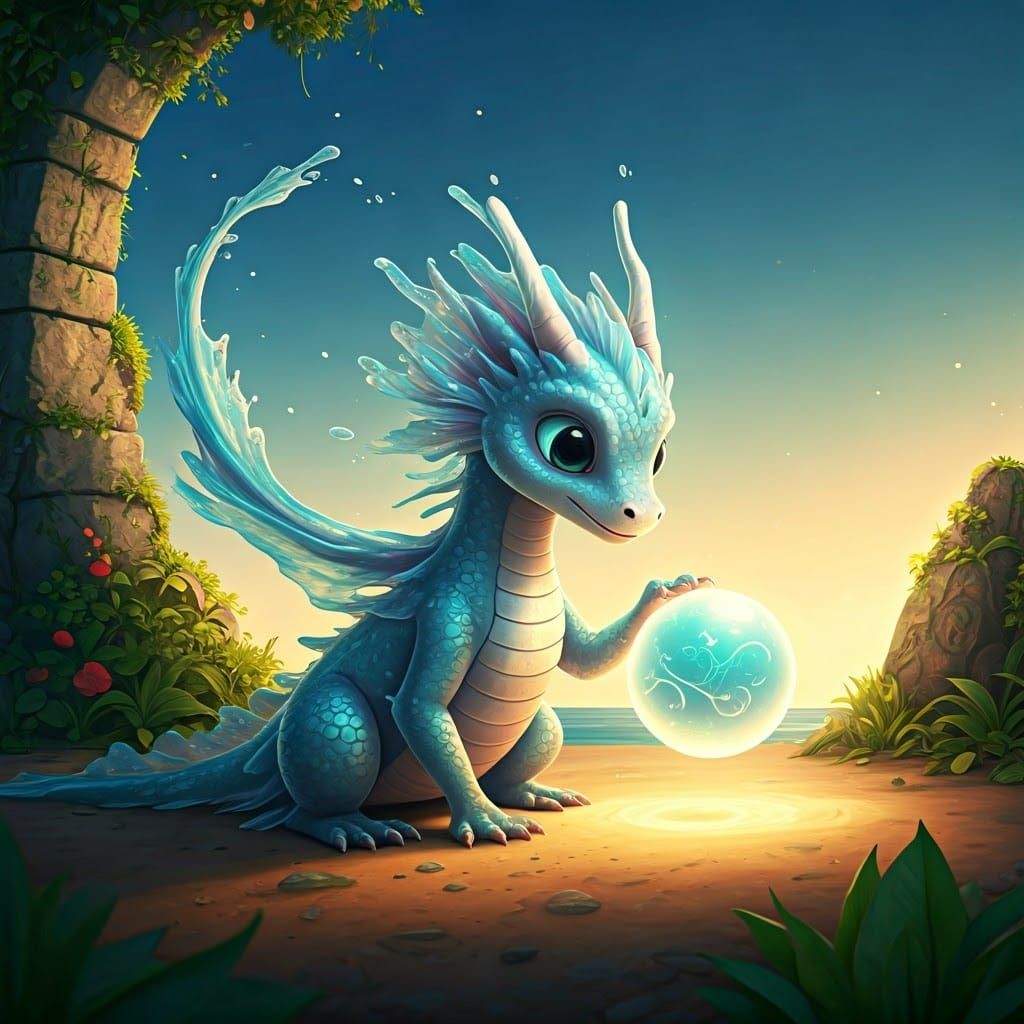 Shimmering Water Dragon Cub on Sunlit Island