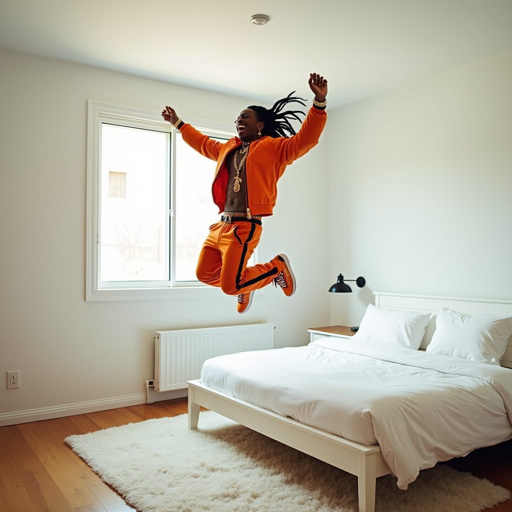 Lil Wayne Jumps on a Bed in a Sleek White Apartment Bedroom