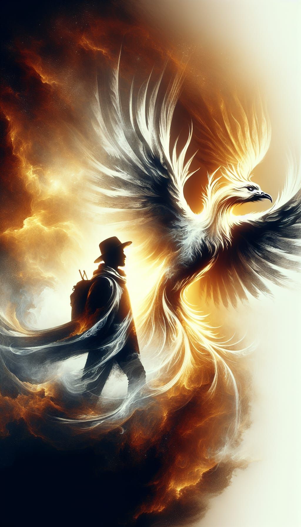 Wanderer and Phoenix Double Exposure in Gothic Art Style