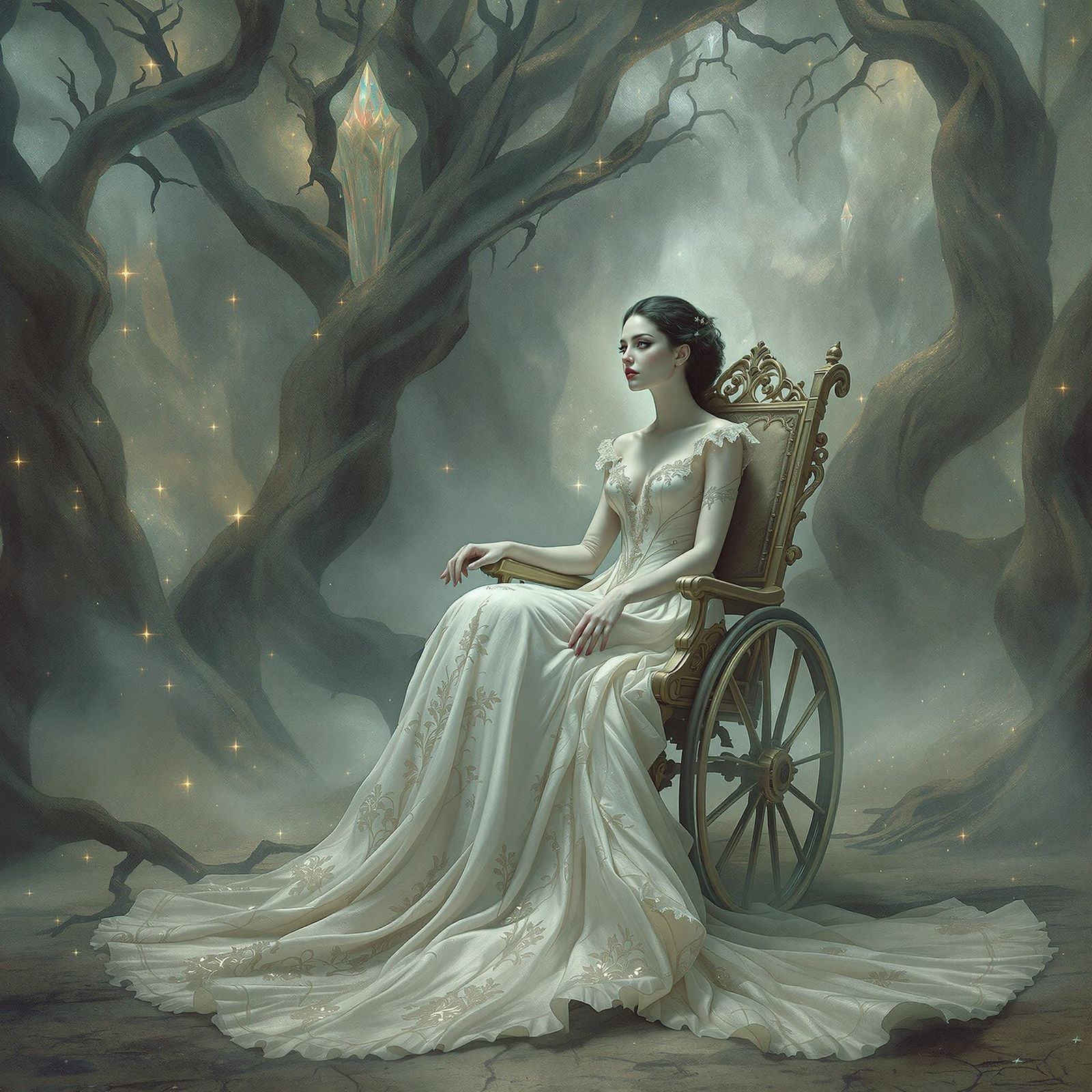 Surreal Victorian Lady Amidst Ethereal Landscape