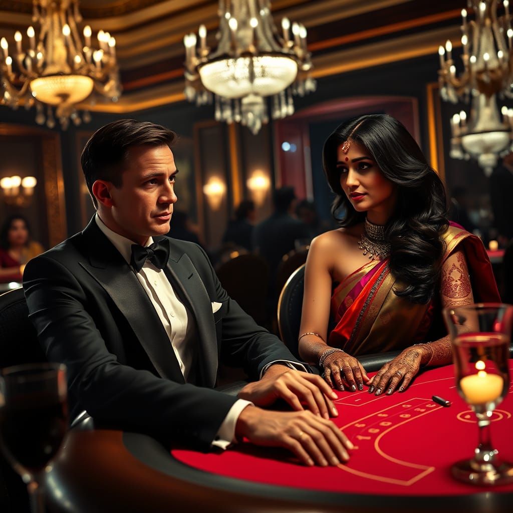 James Bond in High-Stakes Casino Scene with Exotic Beauty
