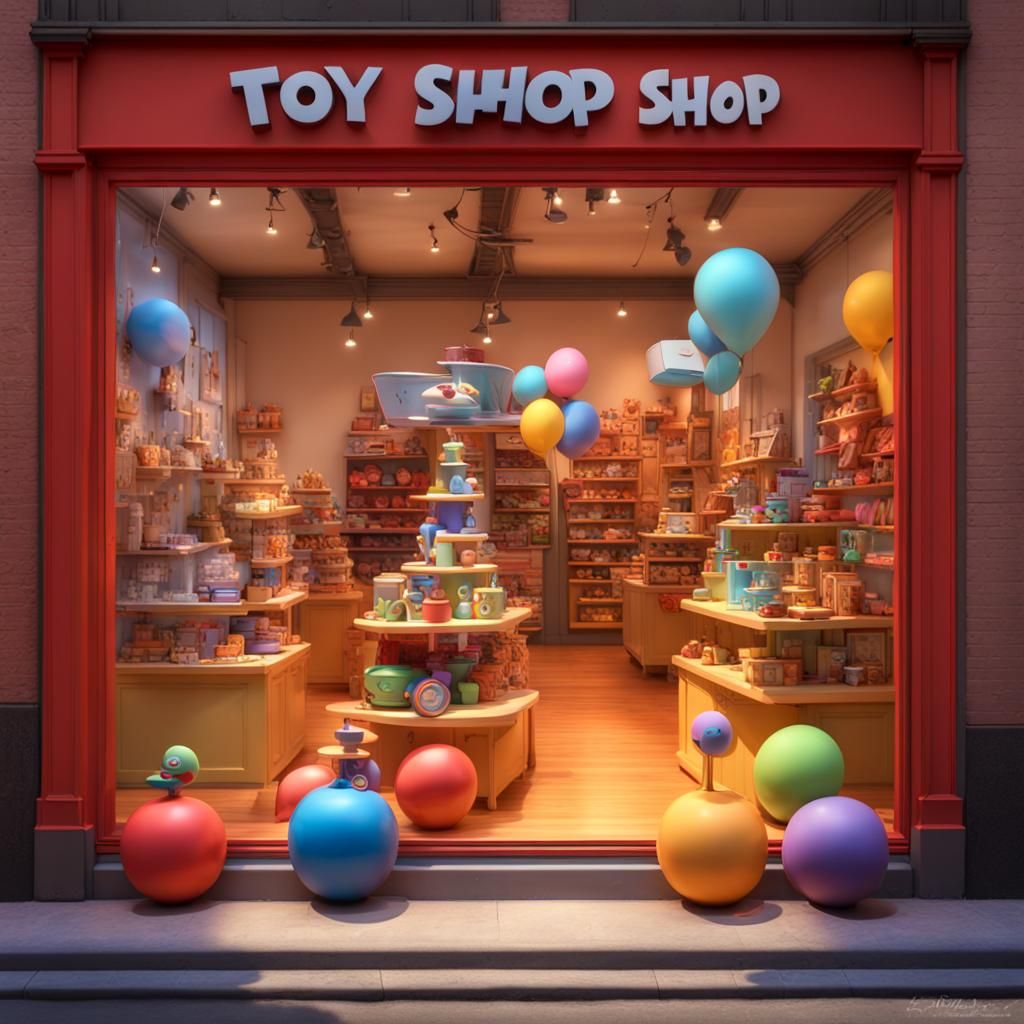 Colorful Toy Shop Window in Pixar Style