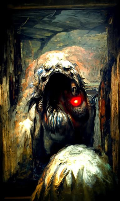 Horrifying Creature in Basement, Photorealistic Horror Art