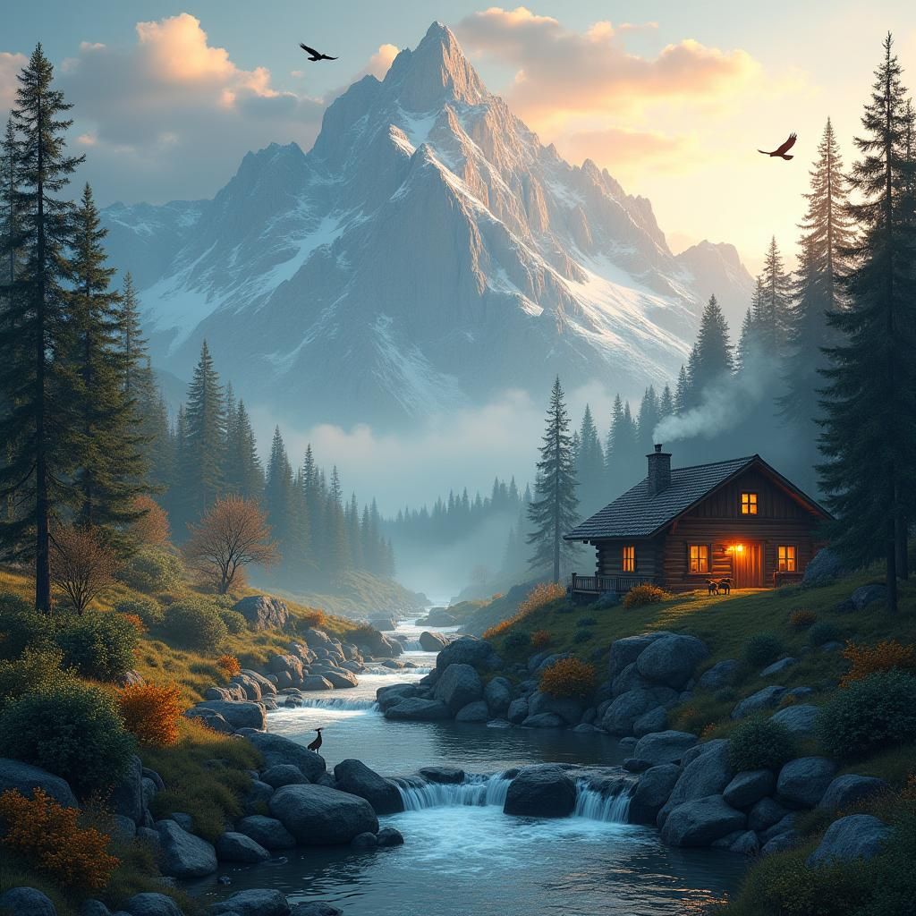 Serene Hyperrealistic Mountain Landscape with Cozy Cabin