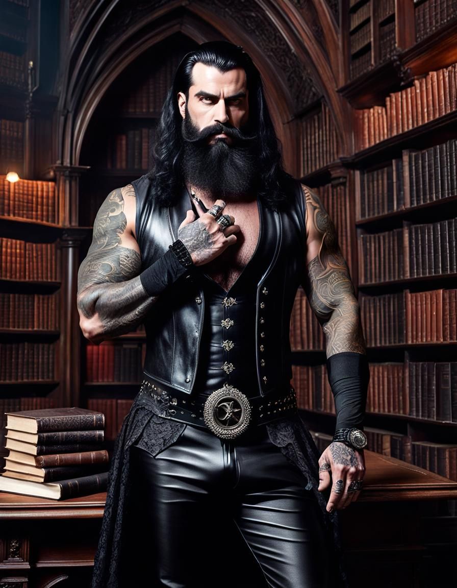 Gothic Man with Beard and Tattoos in Library