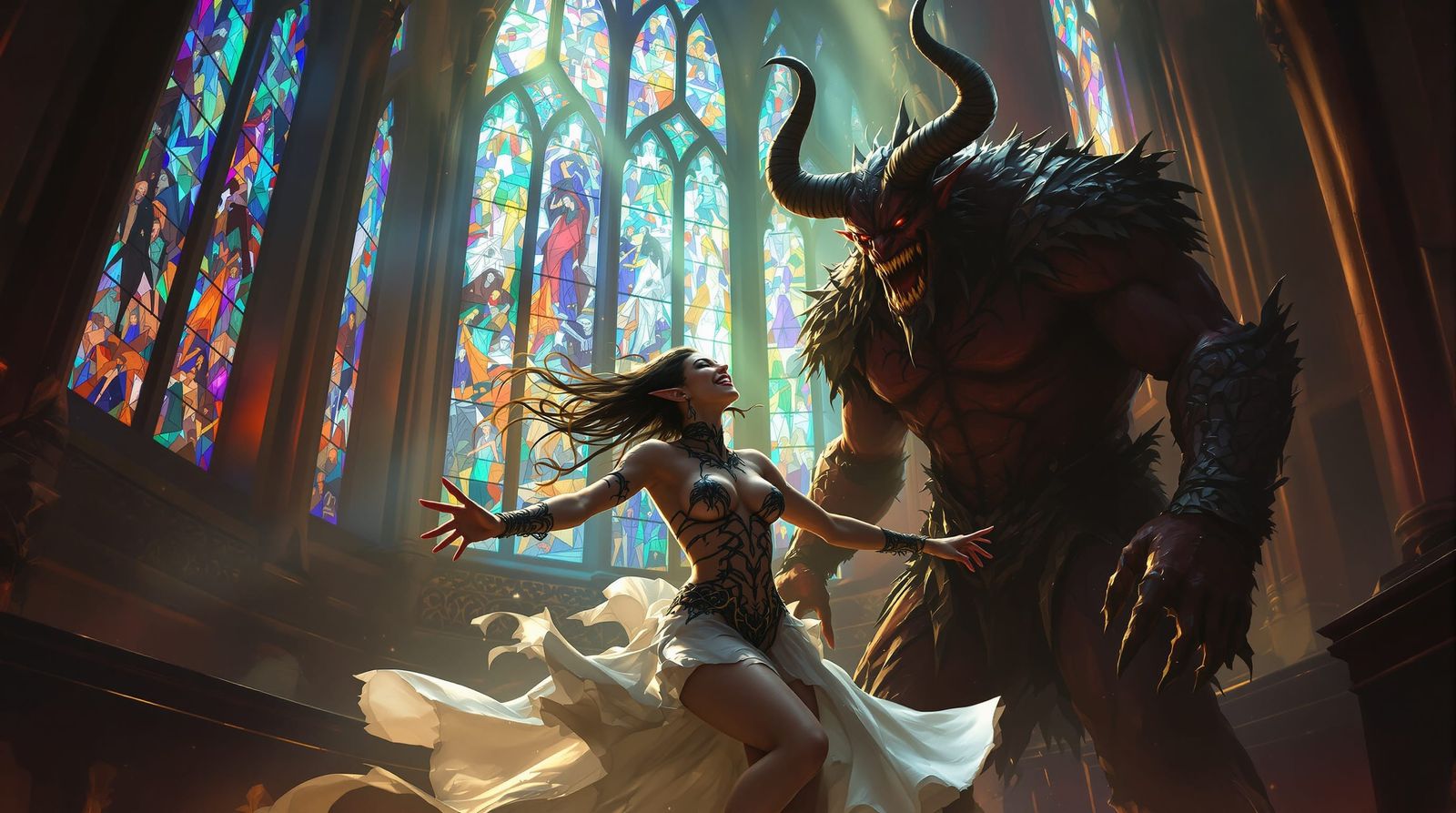 Dark Elf Woman Dancing with Demon in Cathedral