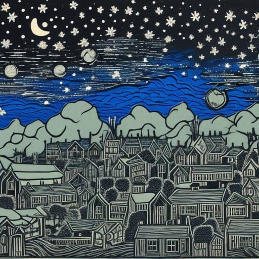 Village at Night in Folk Art Linocut Style