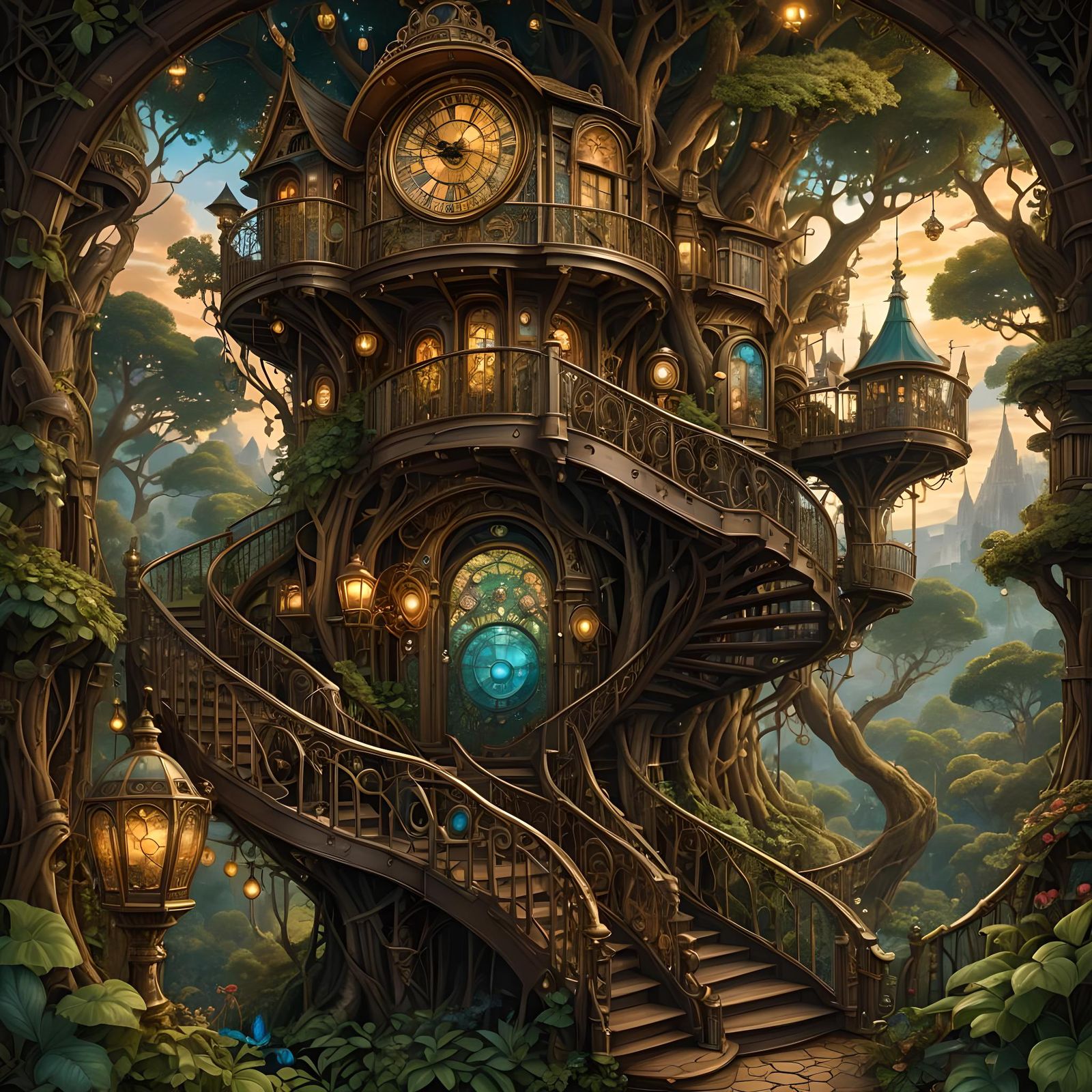 Steampunk Gnomish Inventor's Treehouse in Maximalist Style