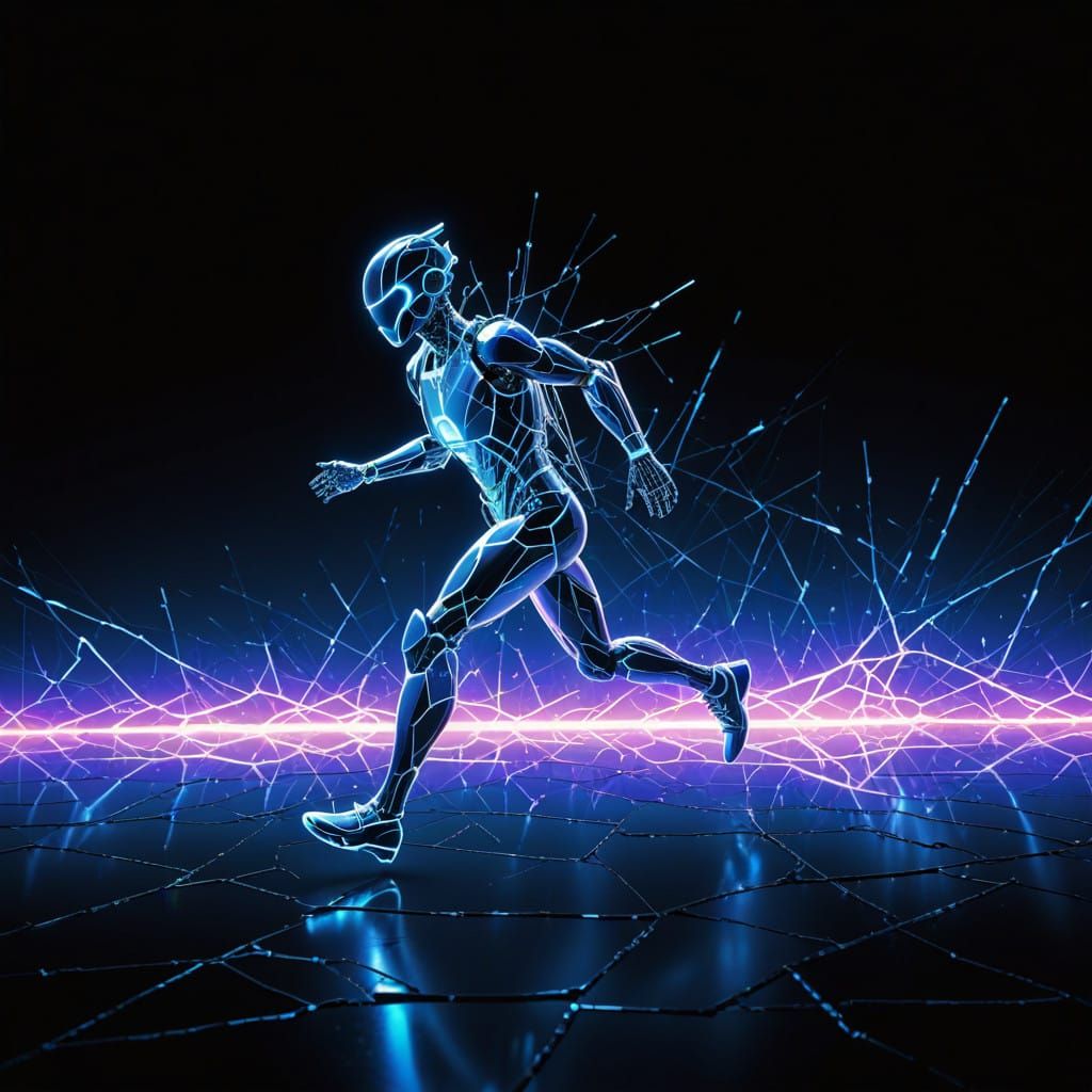Neon Cyberpunk Art Piece Depicting a Running Robot