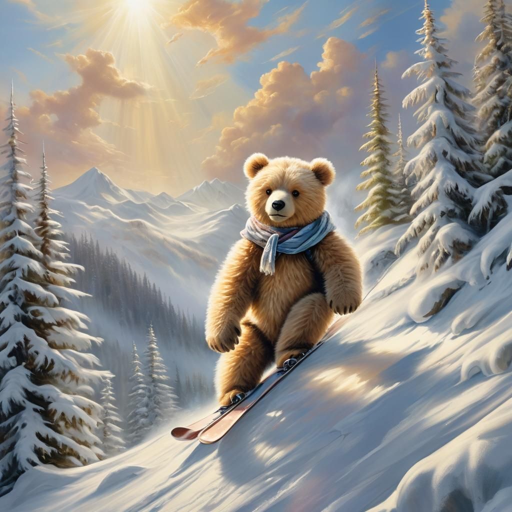 Teddy Bear Skiing: Angelic Oil Painting