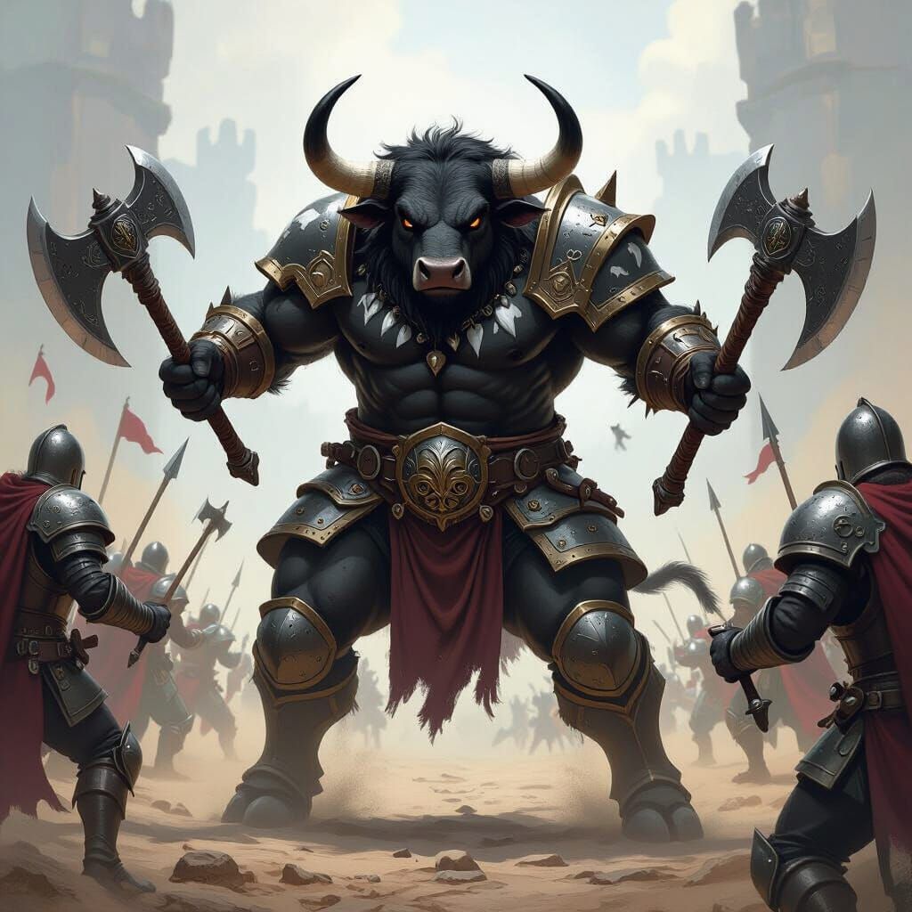 Bull Warrior Charges Knights in Fantasy World