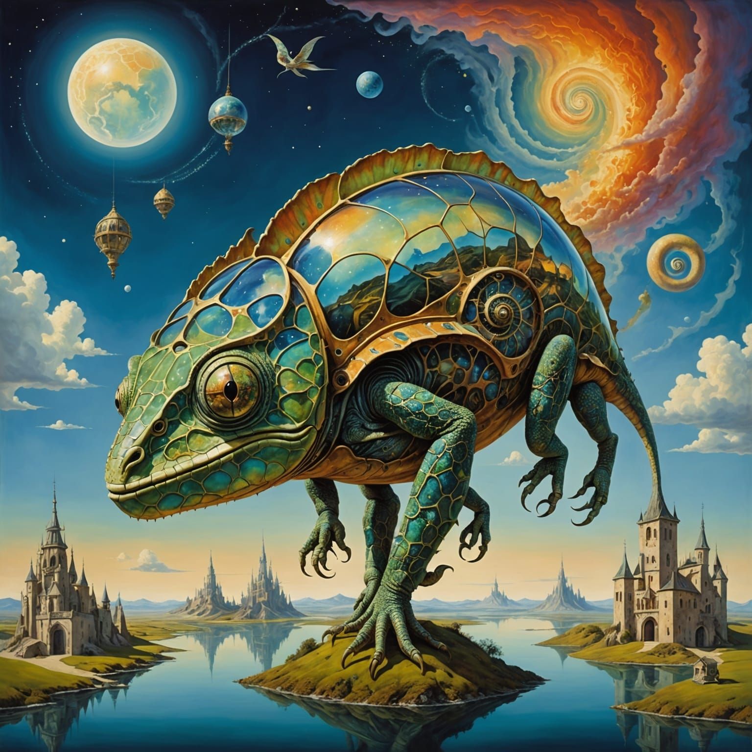 Surreal Clockwork Chameleon in Dreamscape