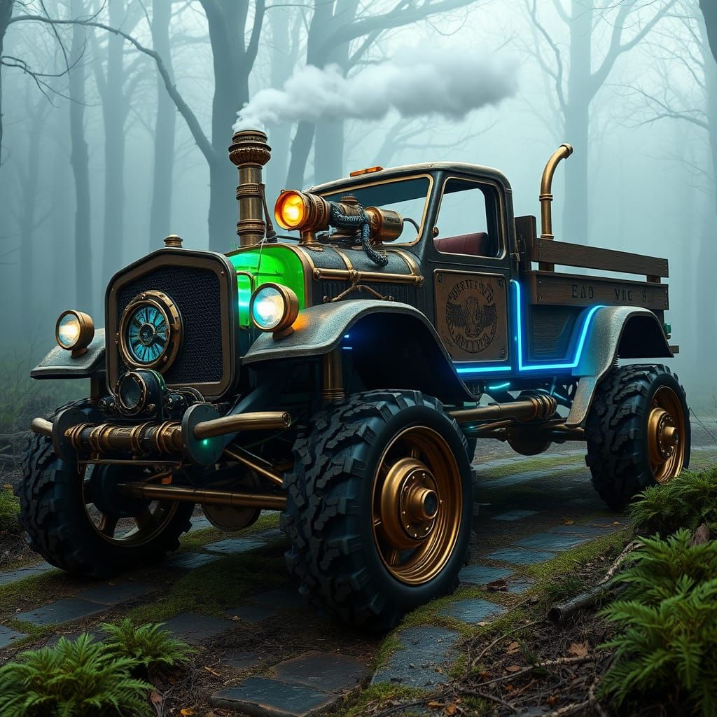 Fantasy Steampunk Pickup Truck Illuminated with Electrolumin...