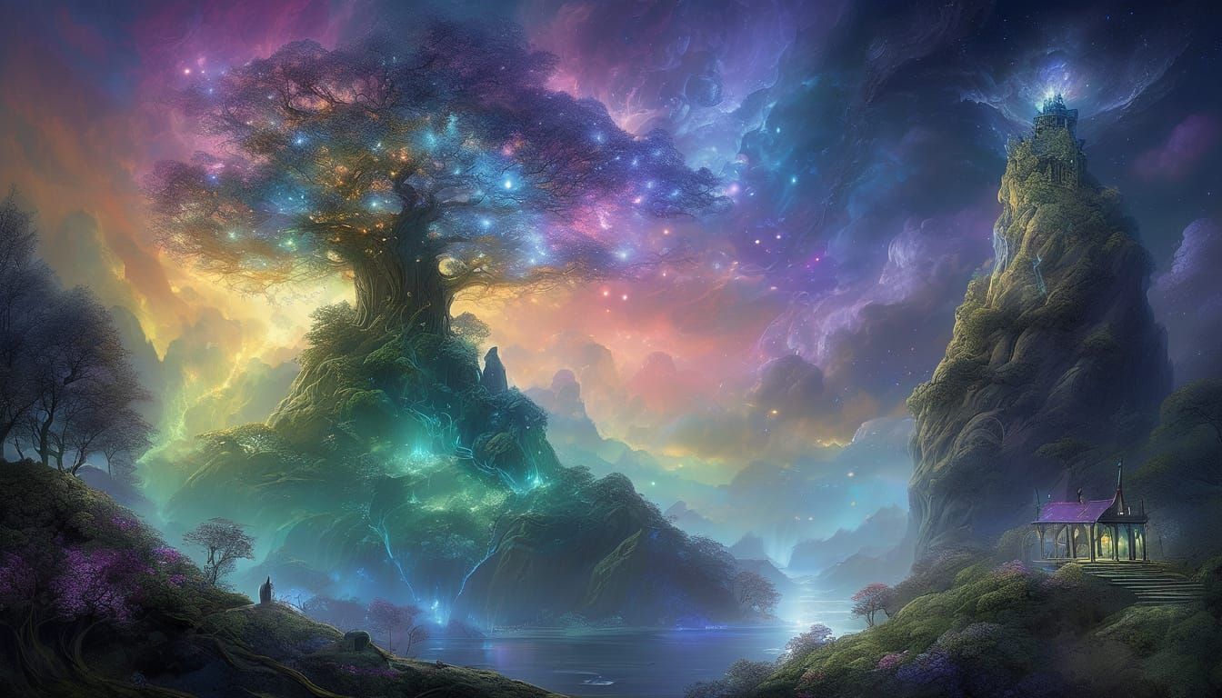 Crystal Tree in Dreamlike World with Floating Island