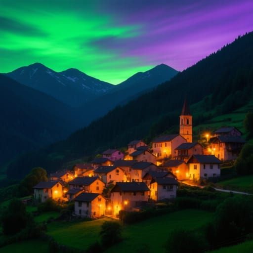 Mountain Village Under Green and Violet Sky