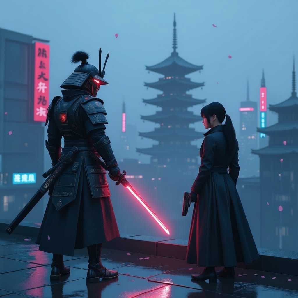 Cyberpunk Samurai & Detective in Neon Neo Kyoto 2267