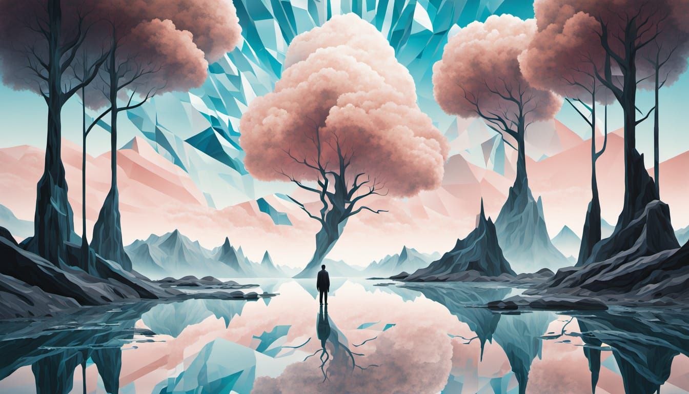 Surreal Crystal Trees Reflect Geometric Sky