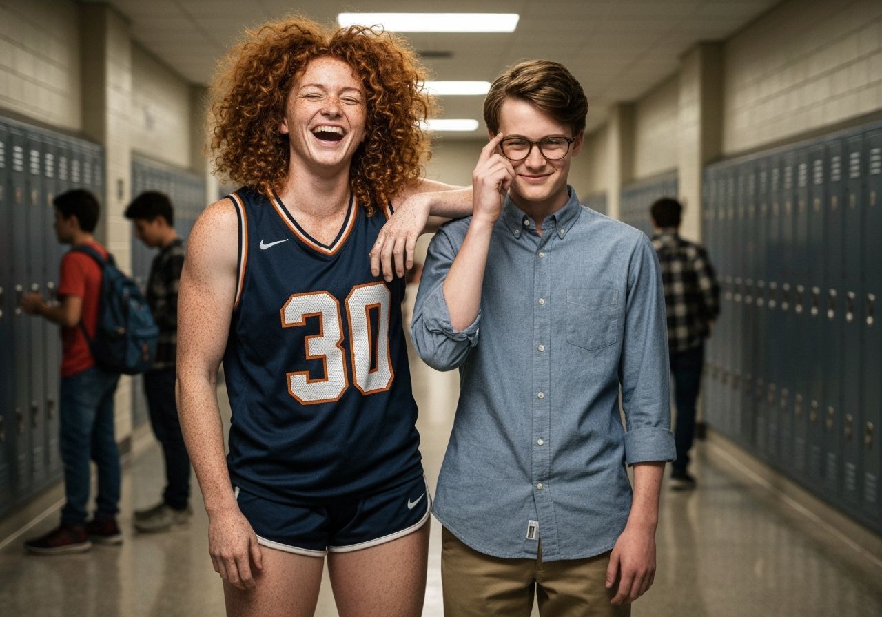 Athletic Girl and Nerdy Boy in High School Hallway