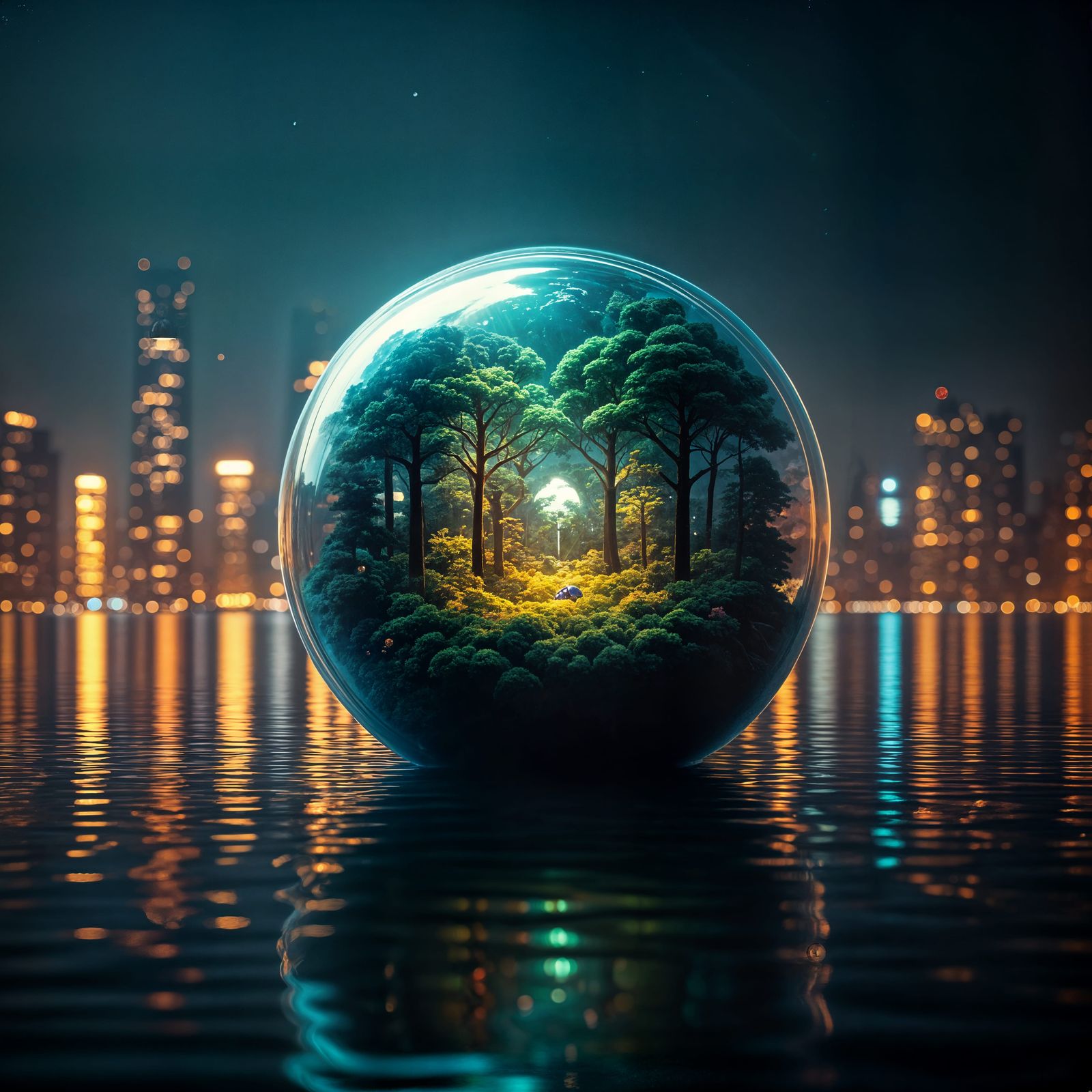 Glowing Orb with Miniature Forest Over Lake