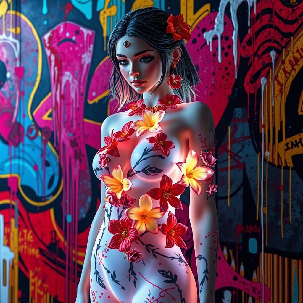 3D Woman Adorned with Flowers in Graffiti Art
