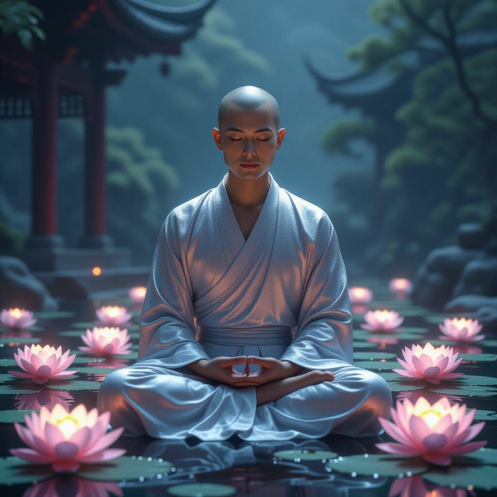 Meditating Monk in Mountain Temple