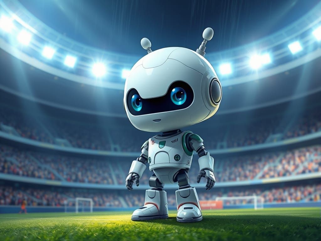 Adorable Robot in Football Stadium: Digital Painting
