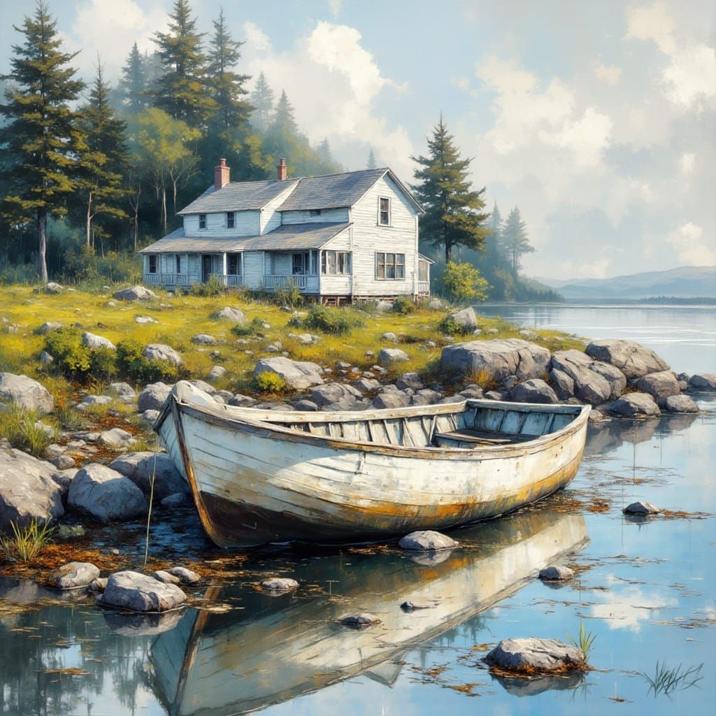 Weathered Boat on Rocky Shore in New England