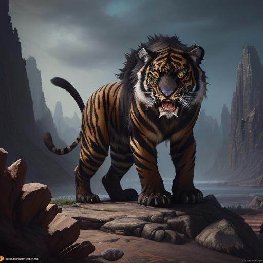 Detailed Black Sabertooth Tiger Fantasy Concept Art