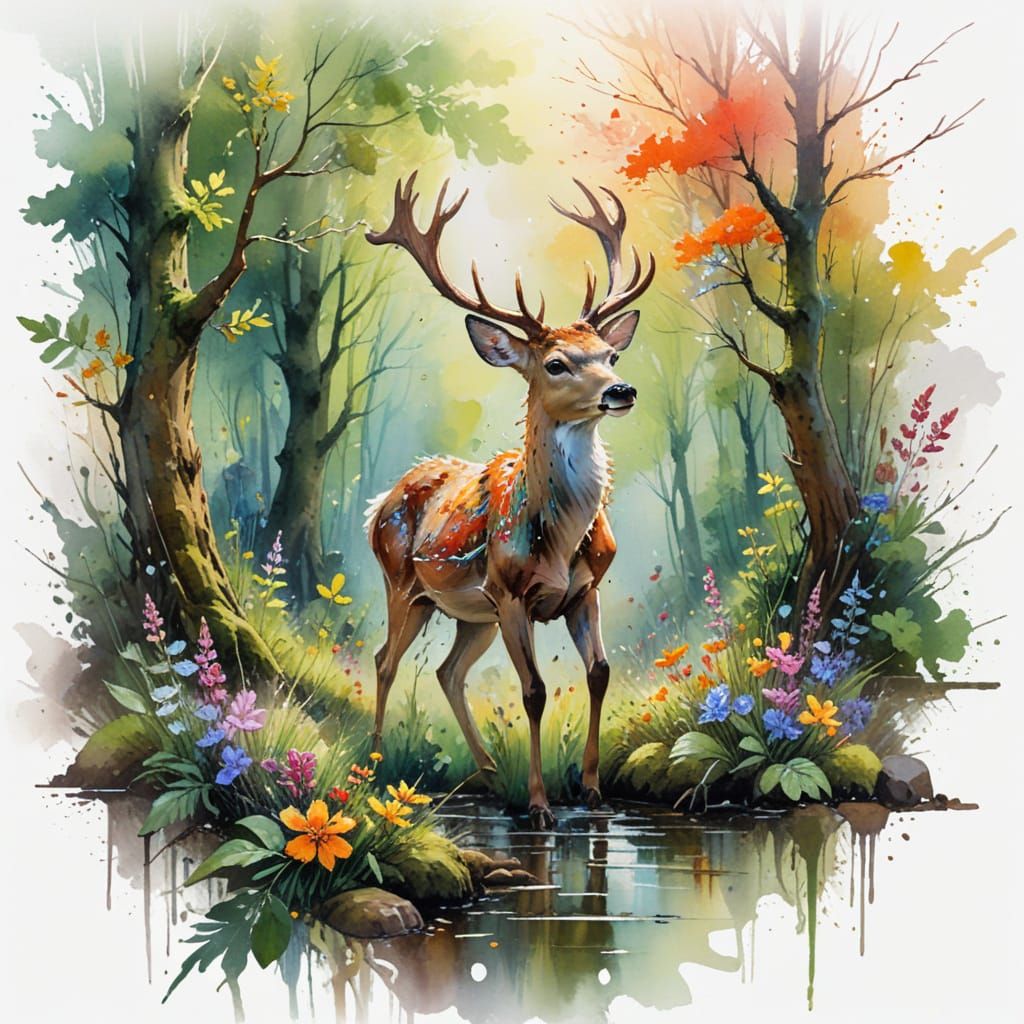 Whimsical Forest Scene in Neo-Impressionist Style