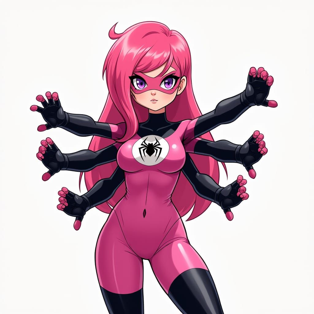 Confident Comic Book Heroine with Vibrant Pink Hair and Four...