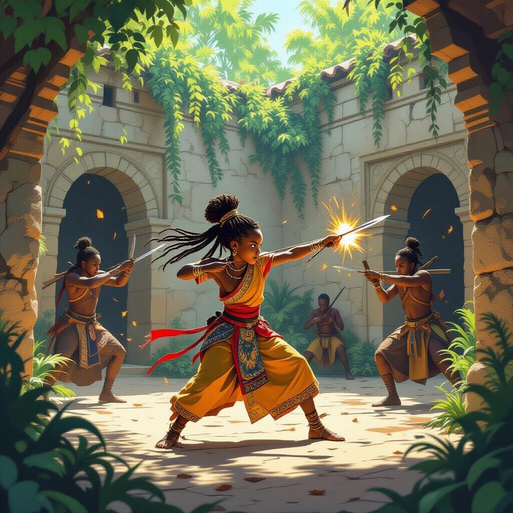African Princess Training with Warriors, Painterly Style