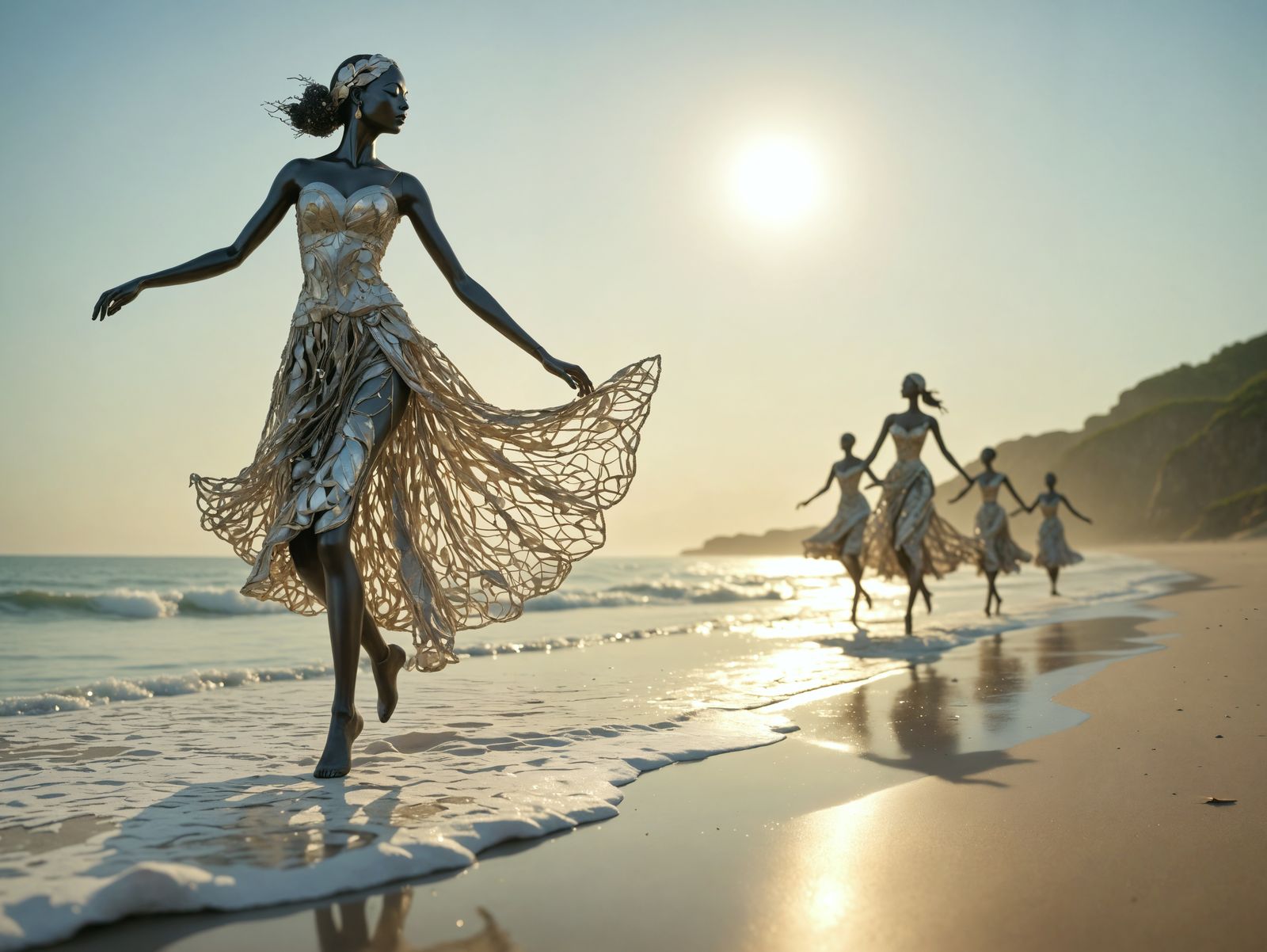 Surreal Metallic Dancer in Dreamlike Beach Scene