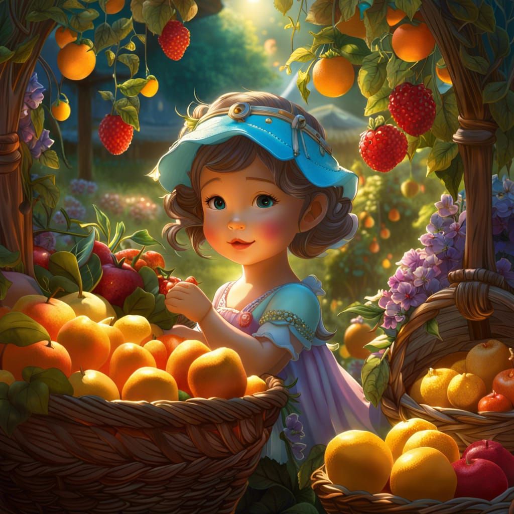 Chibified fairy seloing fruit in a fruit stall in farmers market in a meadow, dew drops , Breathtaking Fantasycore Artw...