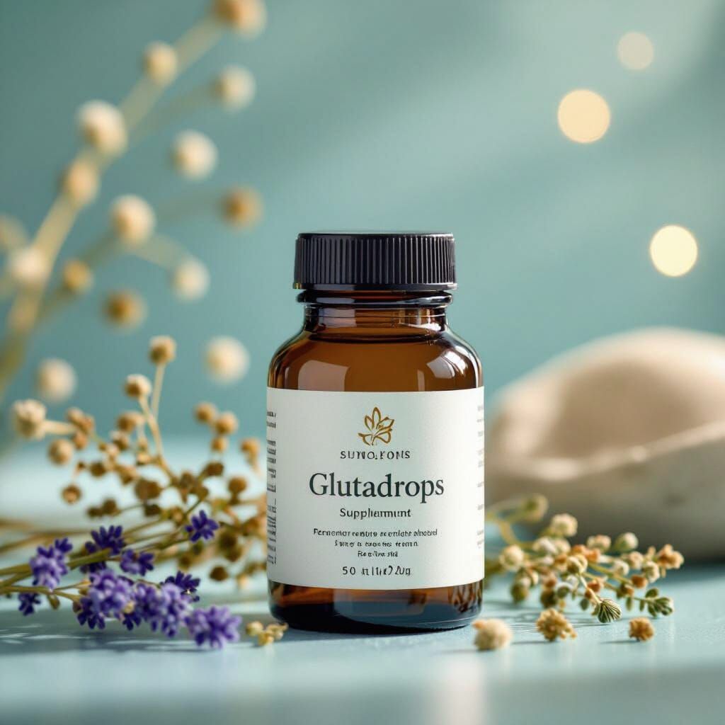 Glutadrops Bottle Arranged with Herbs and Golden Glow