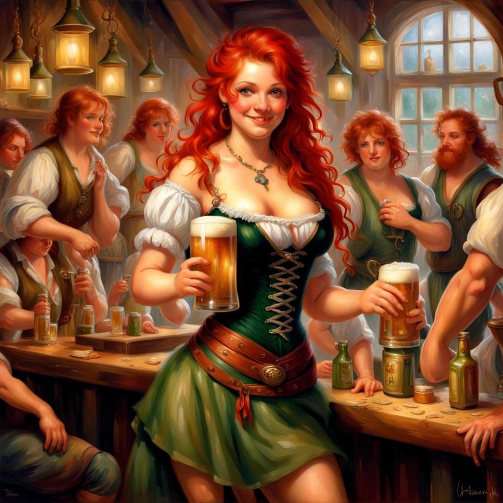 Red-Haired Tavern Wench in Crowded Tavern, Fantasy Style