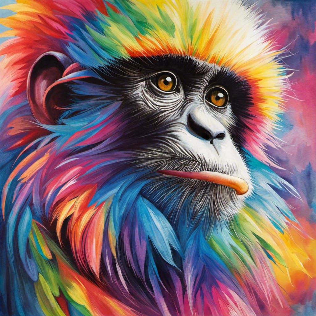Rainbow Monkey in Nature, Watercolor Style