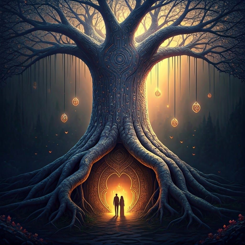 Ethereal Tree of Ancient Wisdom in Dreamlike Forest