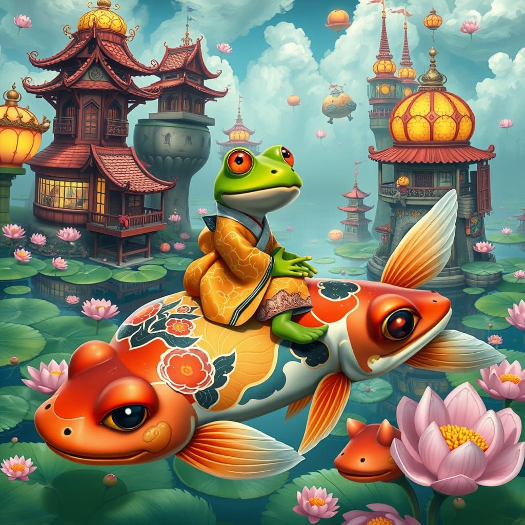 Whimsical Japanese Frog Rides Koi Fish Through Dreamy Lily P...