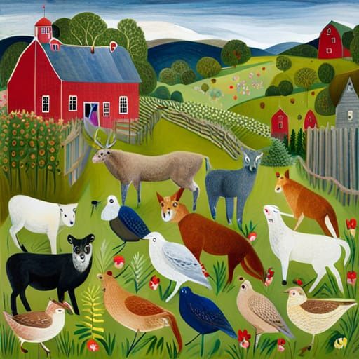 Farm Animals in Folk Art Style