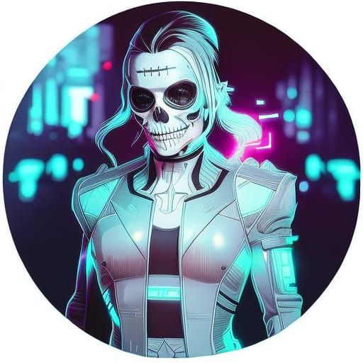 Cyberpunk Skull Portrait with Roses in Fractal Art Style