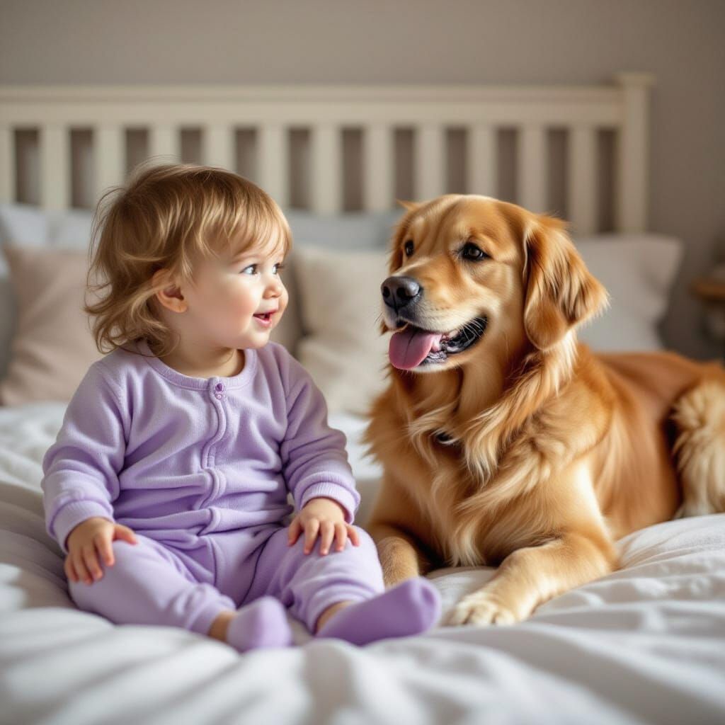 Toddler on her bed, wearing a purple footed sleeper, telling...