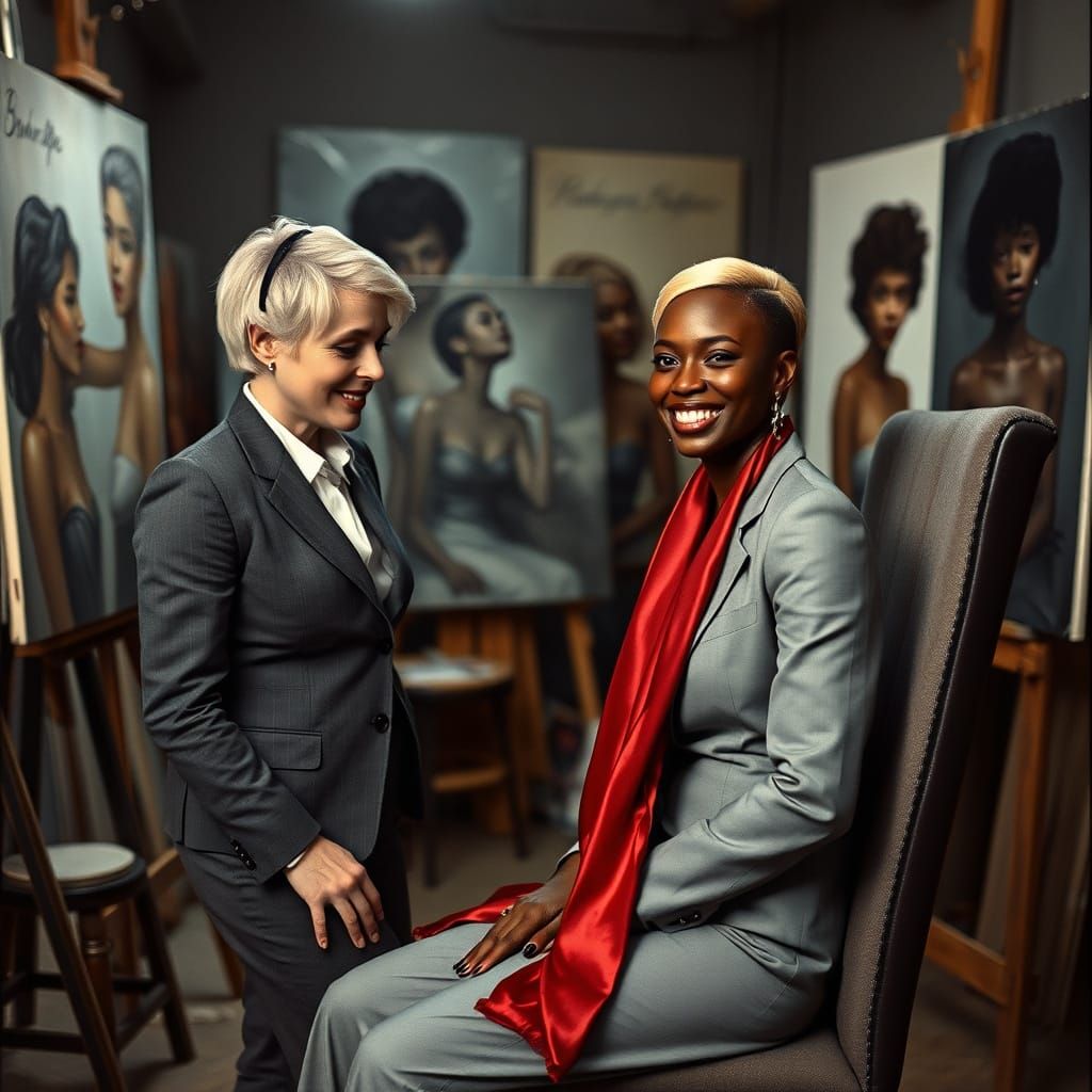 Lesbian Artist Painting Model in Dimly Lit Studio