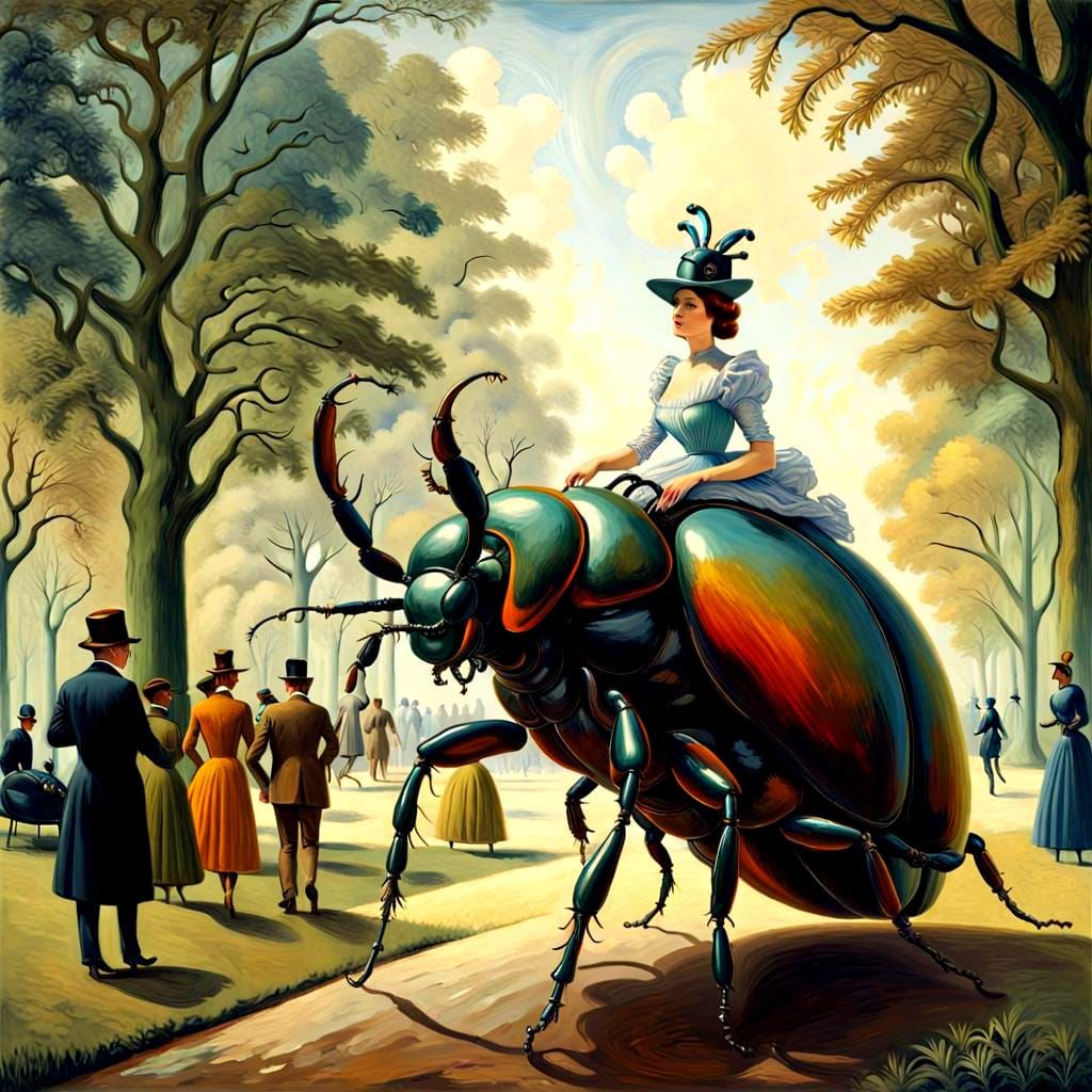 Victorian Lady Rides Giant Beetle in Park