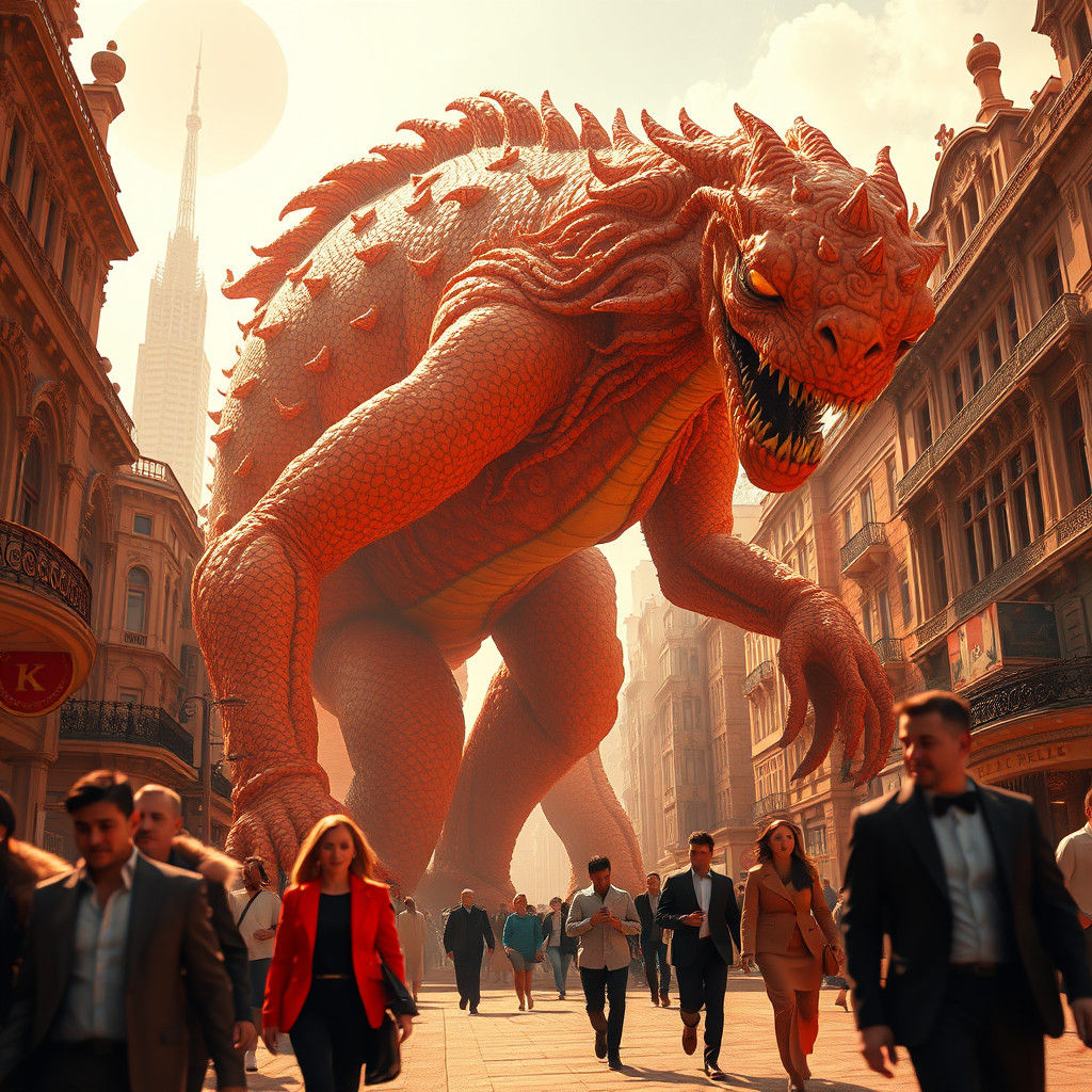 Orange Monster in Cityscape, Dreamlike HDR Image