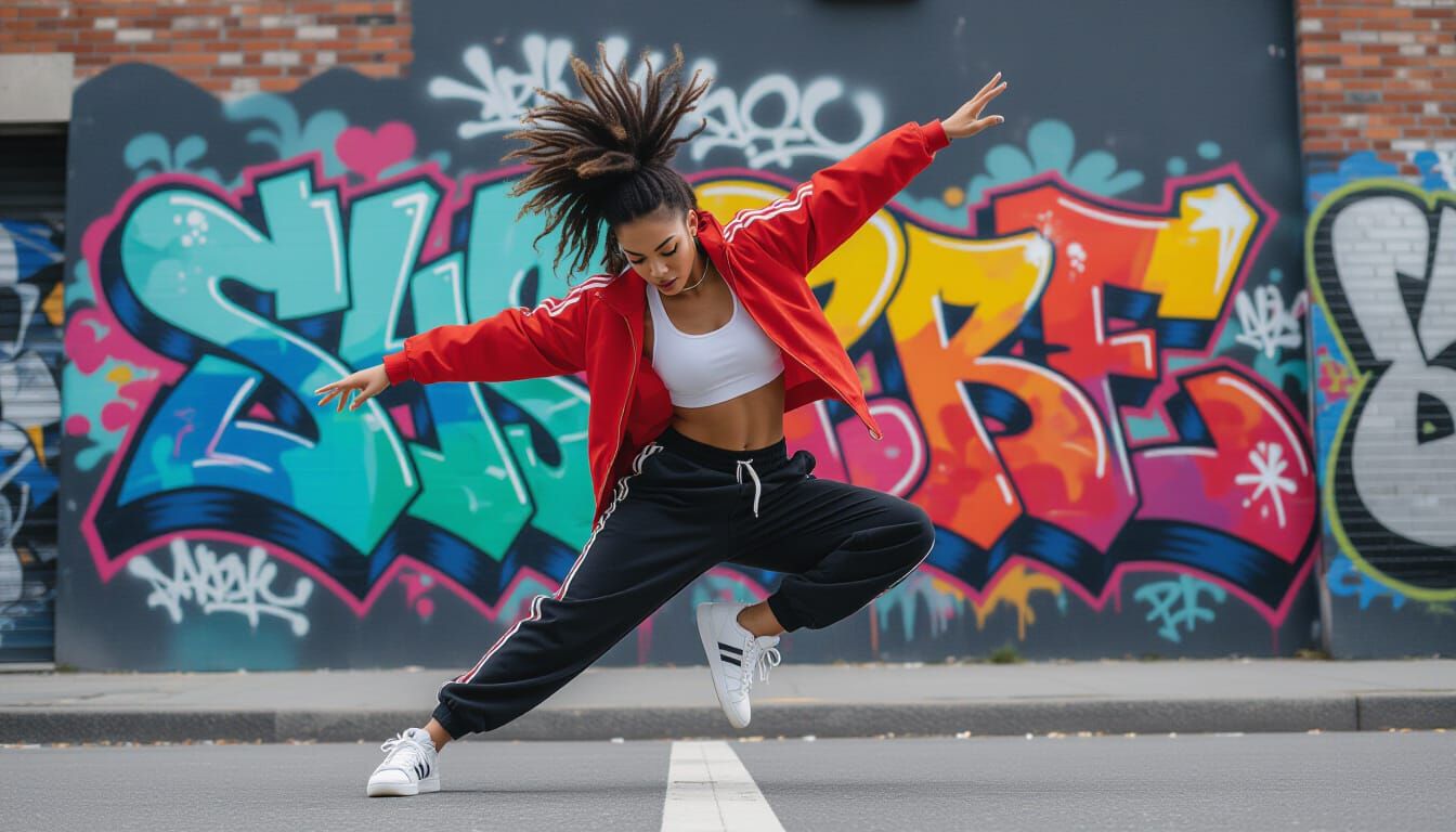 Dynamic Hip-Hop Dancer in Urban Graffiti Landscape