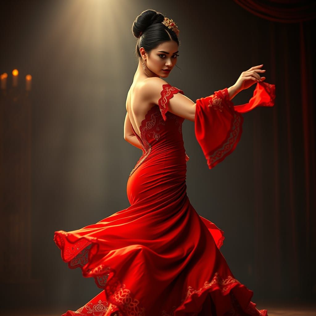 a passionate Flamenco dancer mid-performance, her stunning red dress swirling dramatically with bold, textured brushstro...
