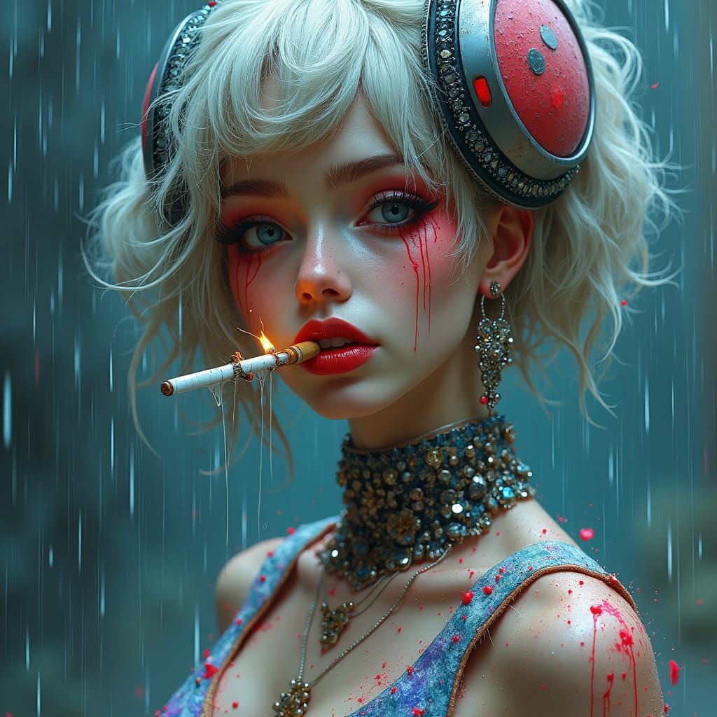 Beautiful Woman in Rainstorm: Hyperrealistic Street Art